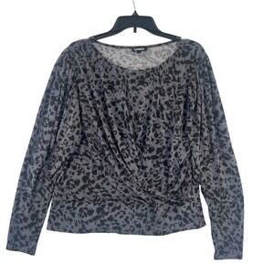 Express‎ Leopard Print Surplice Top Womens XL Gray Black Puff Sleeve Draped